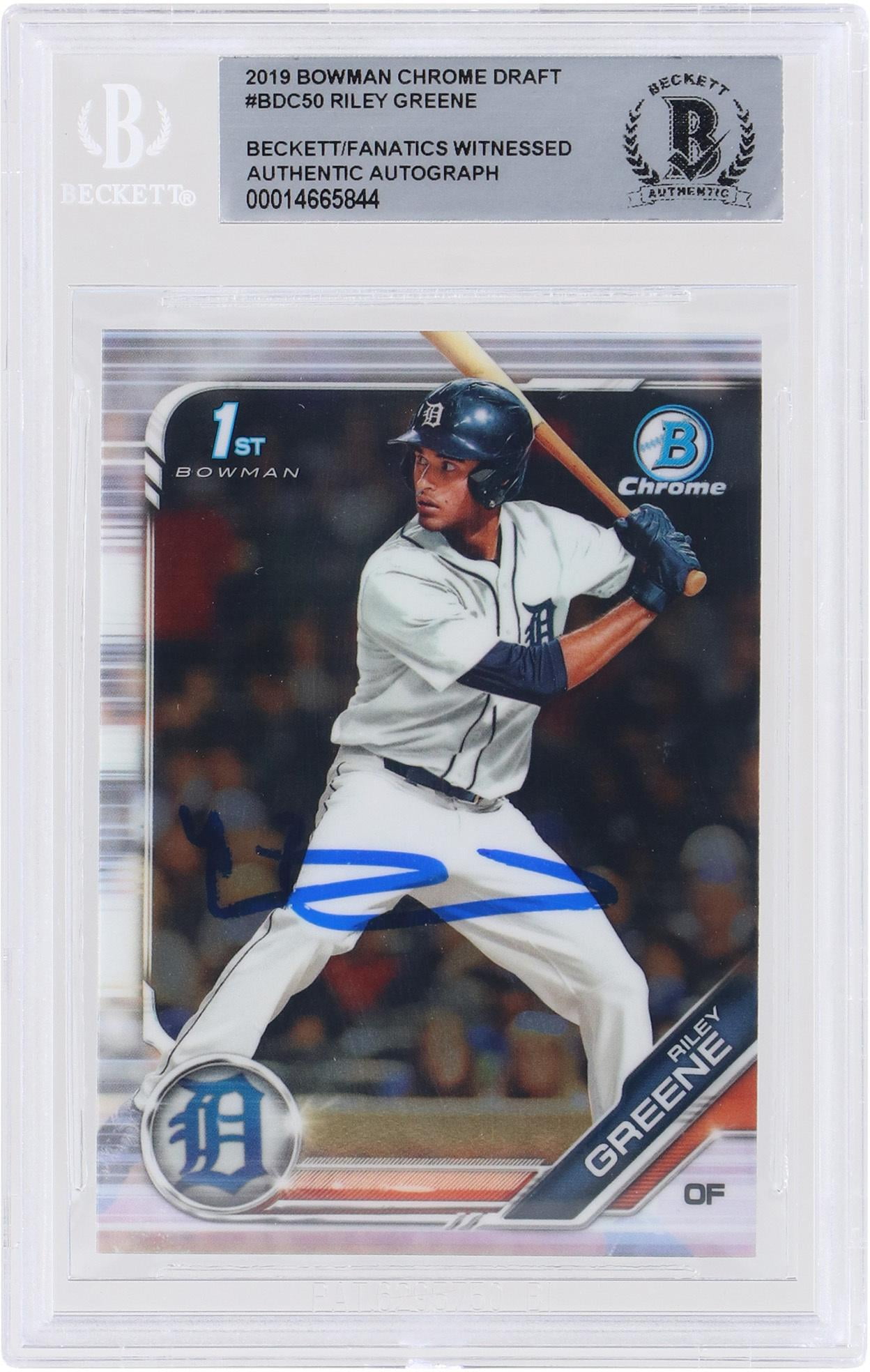 Riley Greene Detroit Tigers Autographed 2019 Bowman Draft Chrome MLB 1st Bowman #BDC-50 Beckett Fanatics Witnessed Authenticated Card - Fanatics Authentic Certified
