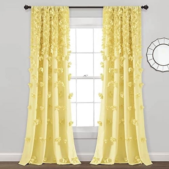 Riley Light Filtering Window Curtain Panel, Single 54" W x 84" L, Yellow - Cute Yellow Curtains for Bedroom - Bow Decor - Coquette Curtains for Windows