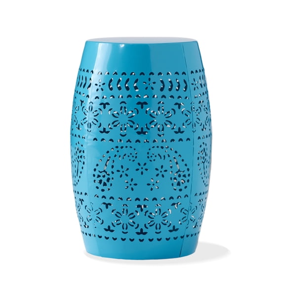 Riley Outdoor 12" Round Lace Cut Iron Side Table, Blue