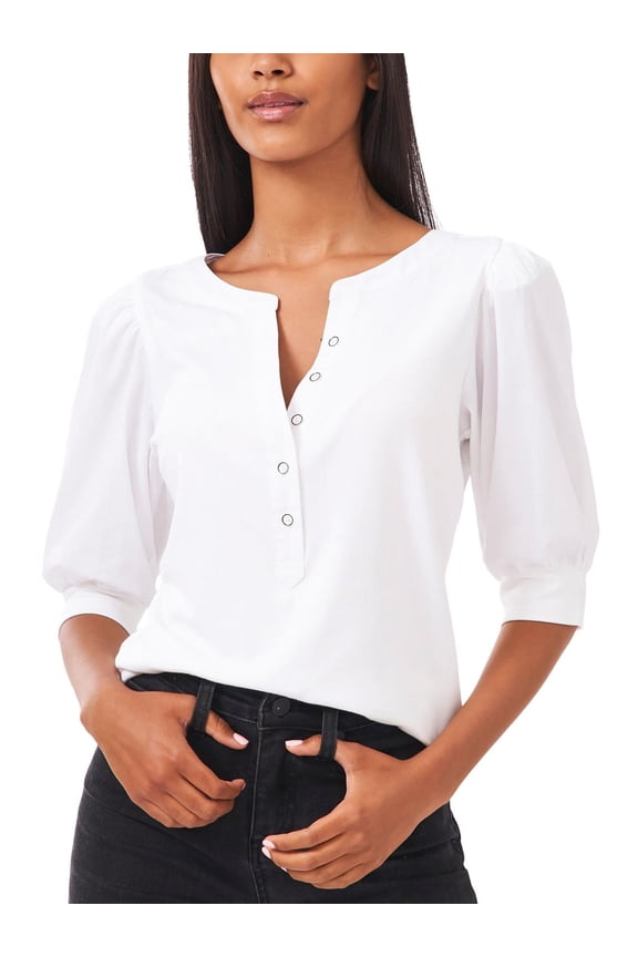 Womens Button Front Mixed Media Henley