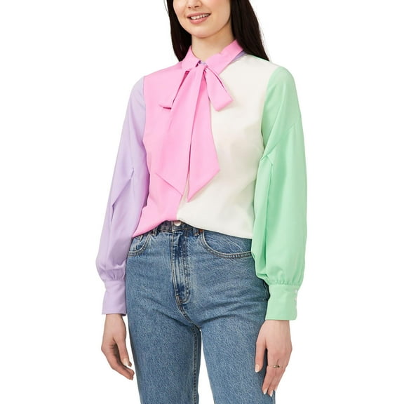 Riley Rae Womens Colorblocked Tie Neck Button-Down Top Azalea Pink2XS