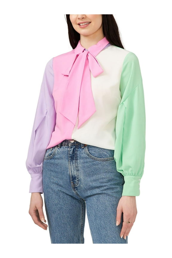 Riley Rae Womens Colorblocked Tie Neck Button-Down Top Azalea Pink M