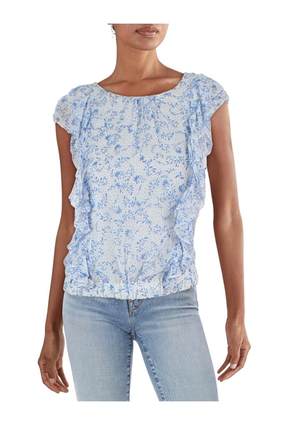 Womens Juniors Floral Flutter Sleeves Blouse