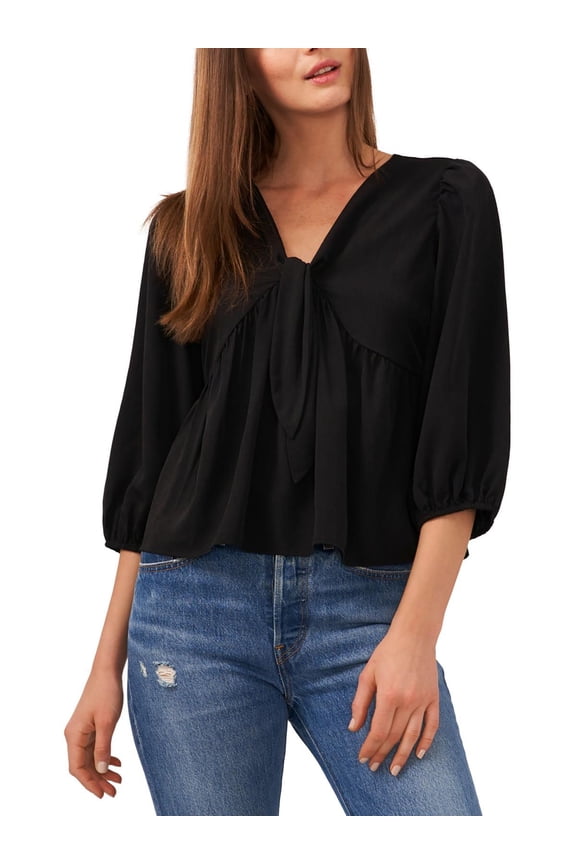 Womens Knot-Front Puff Sleeve Blouse