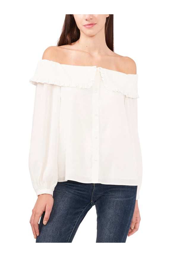 Womens Off-The-Shoulder Button-Down Blouse