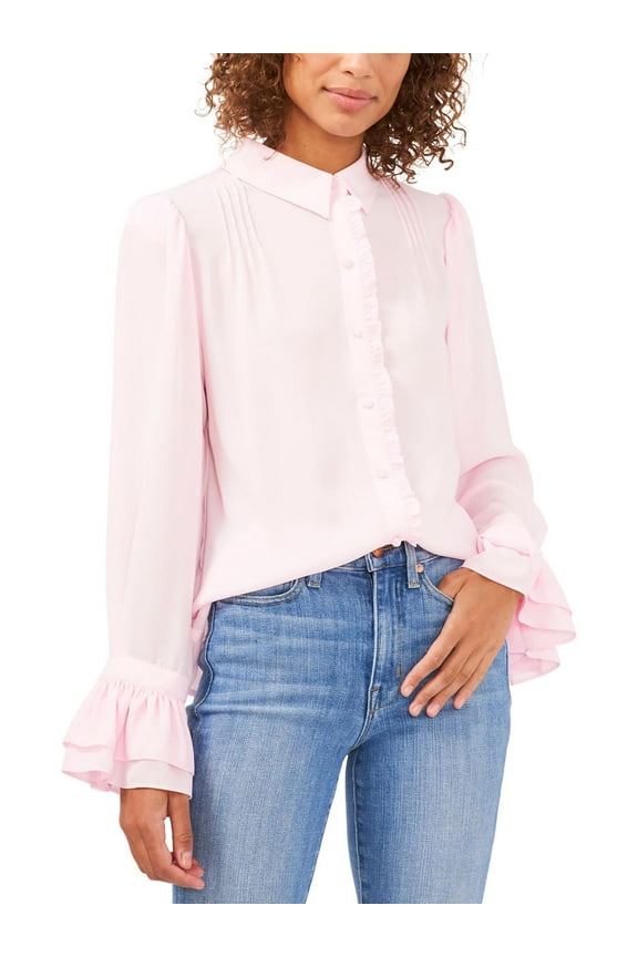 Womens Pintuck Sheer Button-Down Top