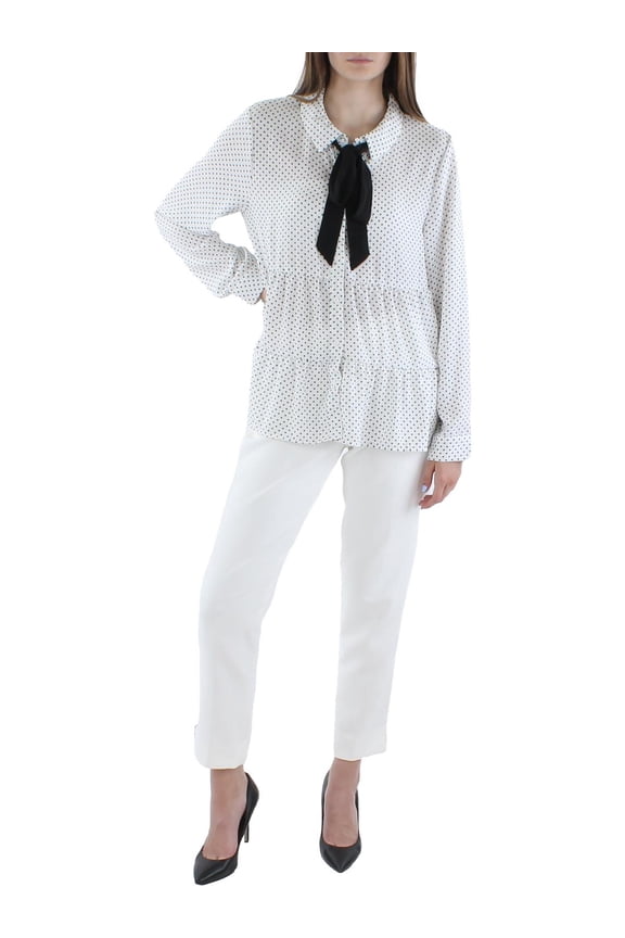 Womens Polka-Dot Tie-Neck Button-Down Top