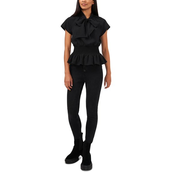 Riley & Rae Womens Ruched Tie-Neck Peplum Top
