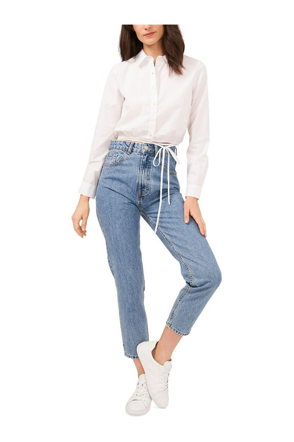 Womens Sheer Elastic Waist Button-Down Top