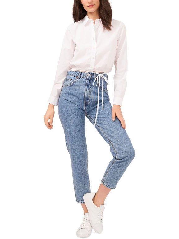 Womens Sheer Elastic Waist Button-Down Top
