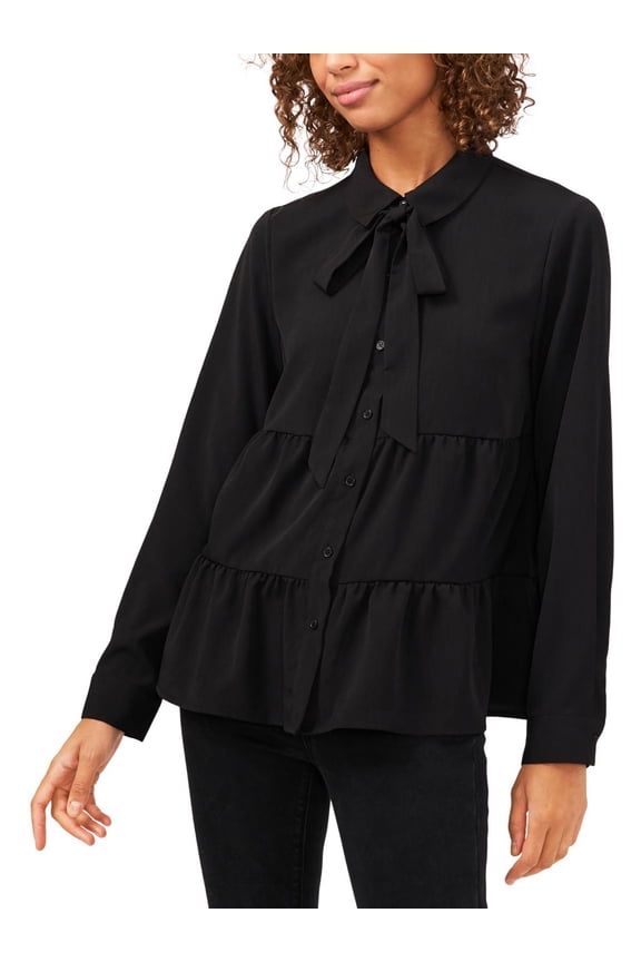 Womens Tie-Neck Tiered Blouse