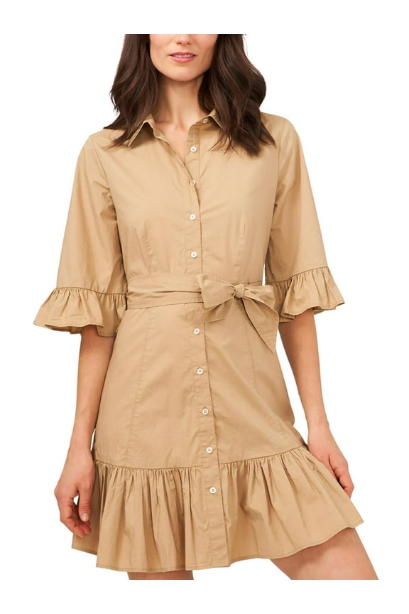 Womens Buttoned Tie-Waist Mini Shirtdress Hazelnut 2XS