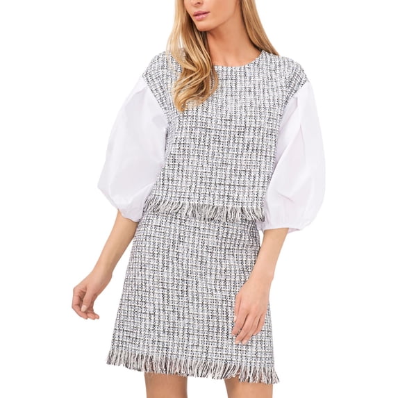 Riley & Rae Womens Tweed Puff Sleeve Blouse