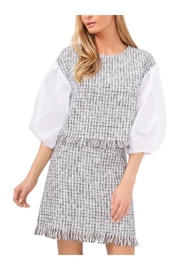 Womens Tweed Puff Sleeve Blouse