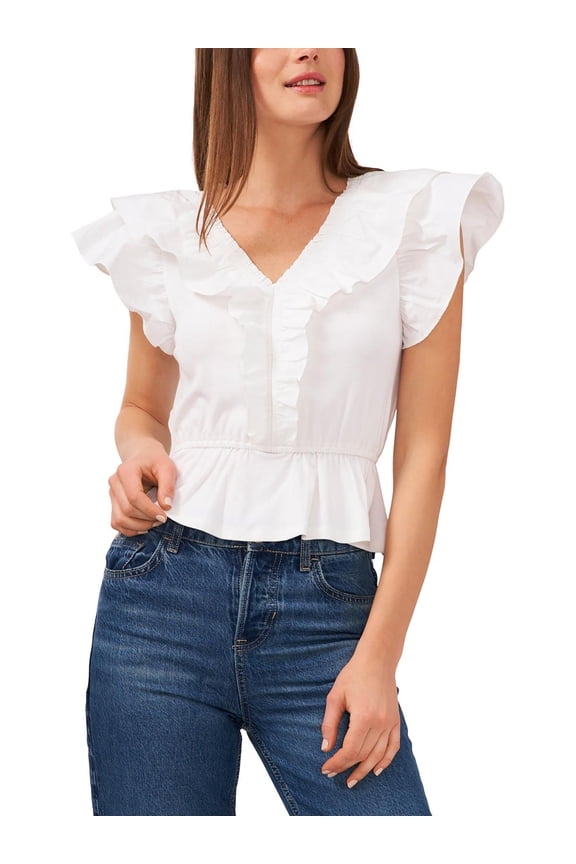 Womens Ruffled V Neck Blouse White L