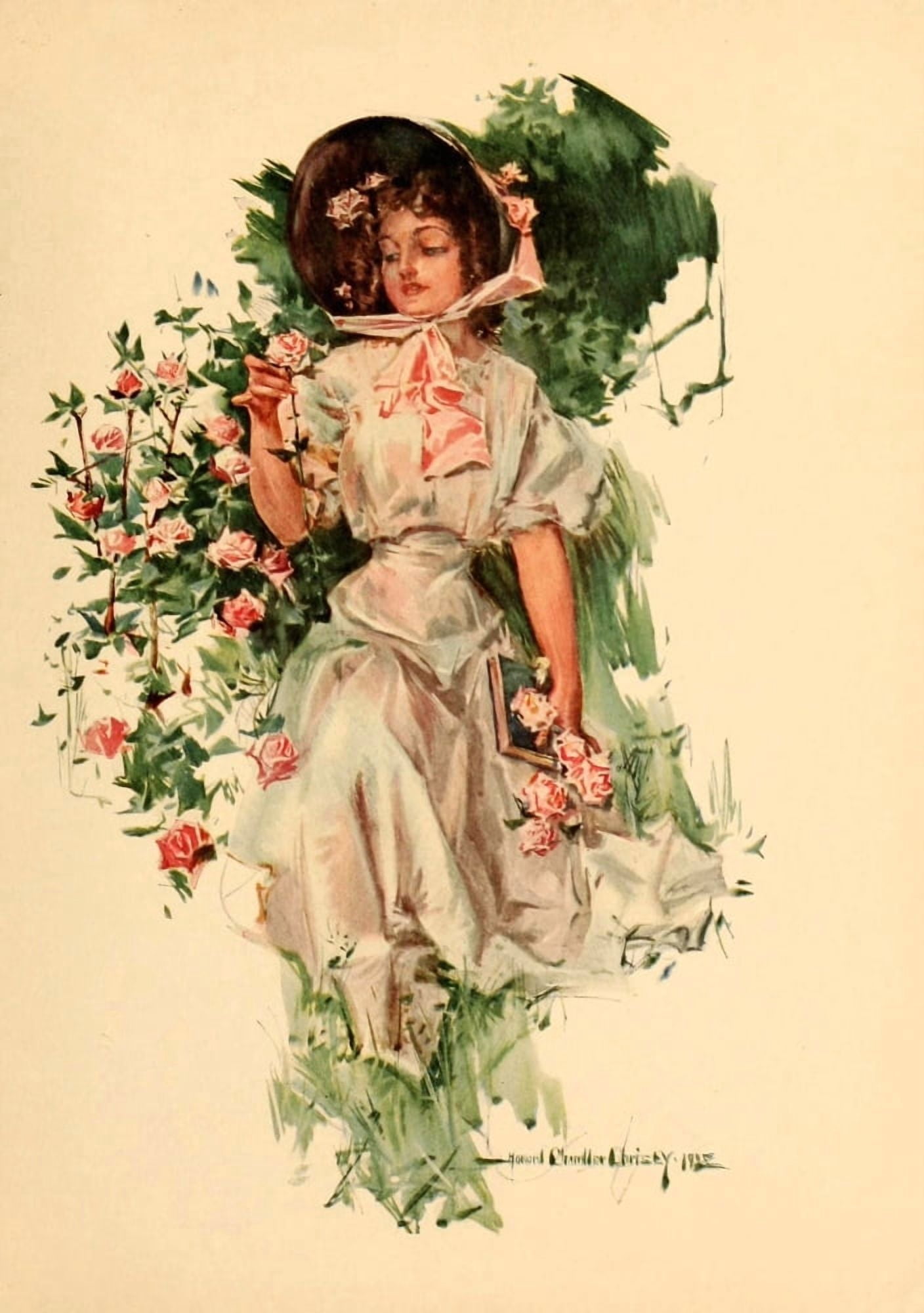 Riley Roses 1909 Cutting roses Canvas Art - Howard Chandler Christy (24 x 36)