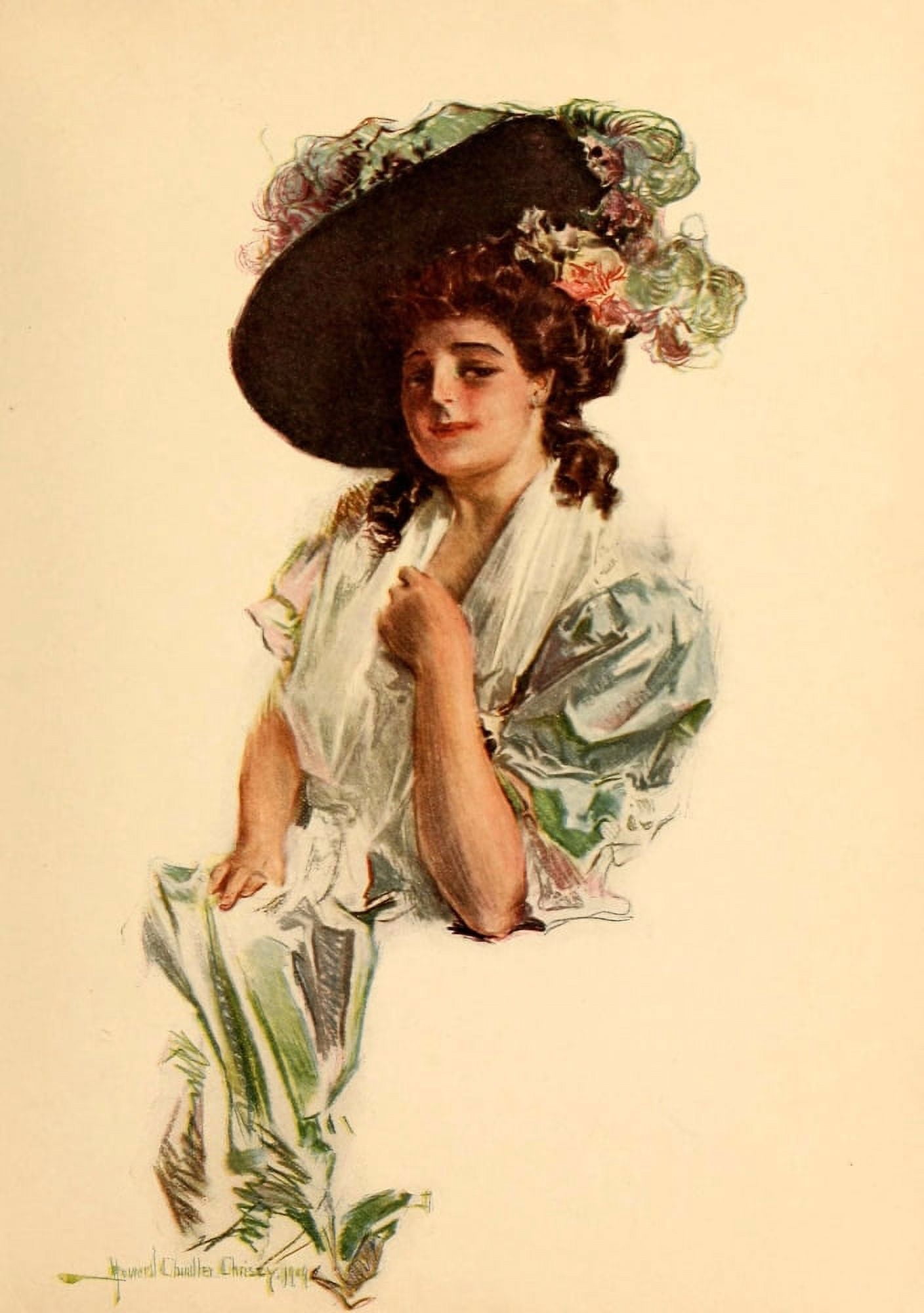 Riley Roses 1909 Large hat with roses Canvas Art - Howard Chandler Christy (18 x 24)