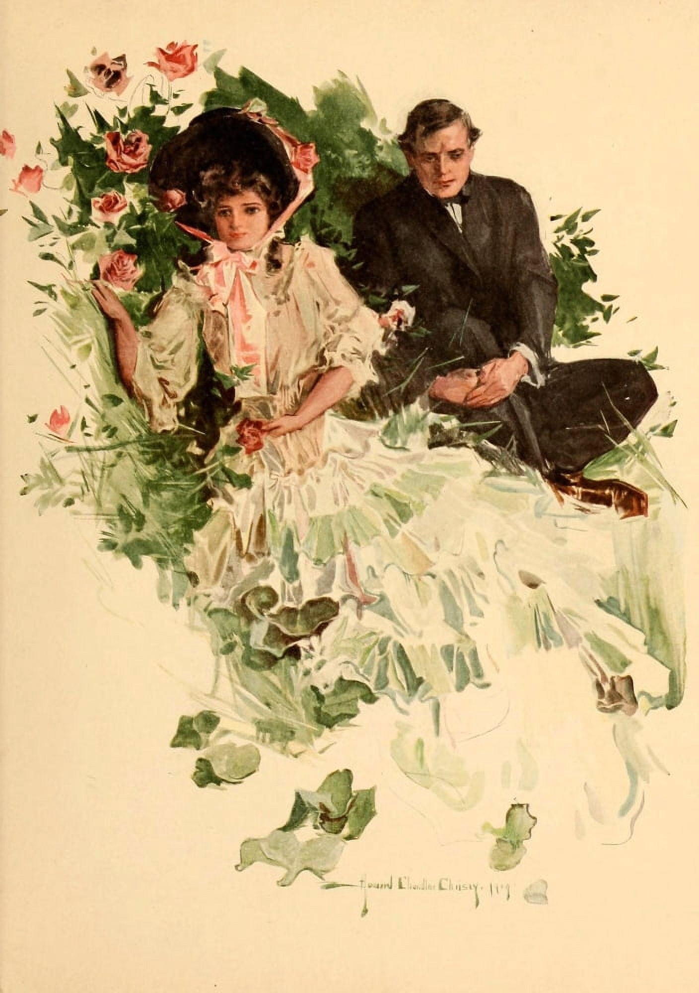 Riley Roses 1909 Lovers in garden Canvas Art - Howard Chandler Christy (24 x 36)