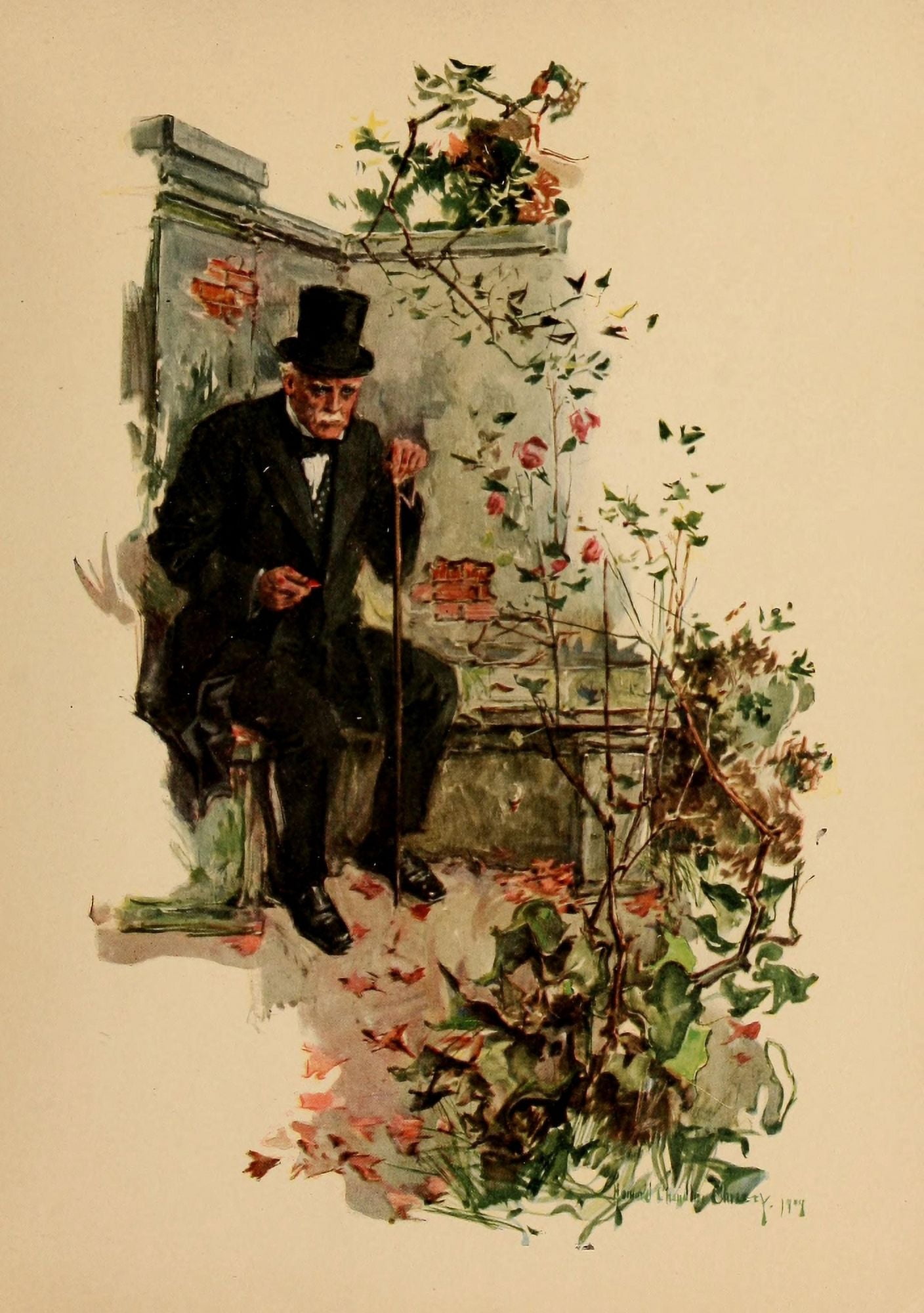 Riley Roses 1909 Old man in garden Canvas Art - Howard Chandler Christy (24 x 36)