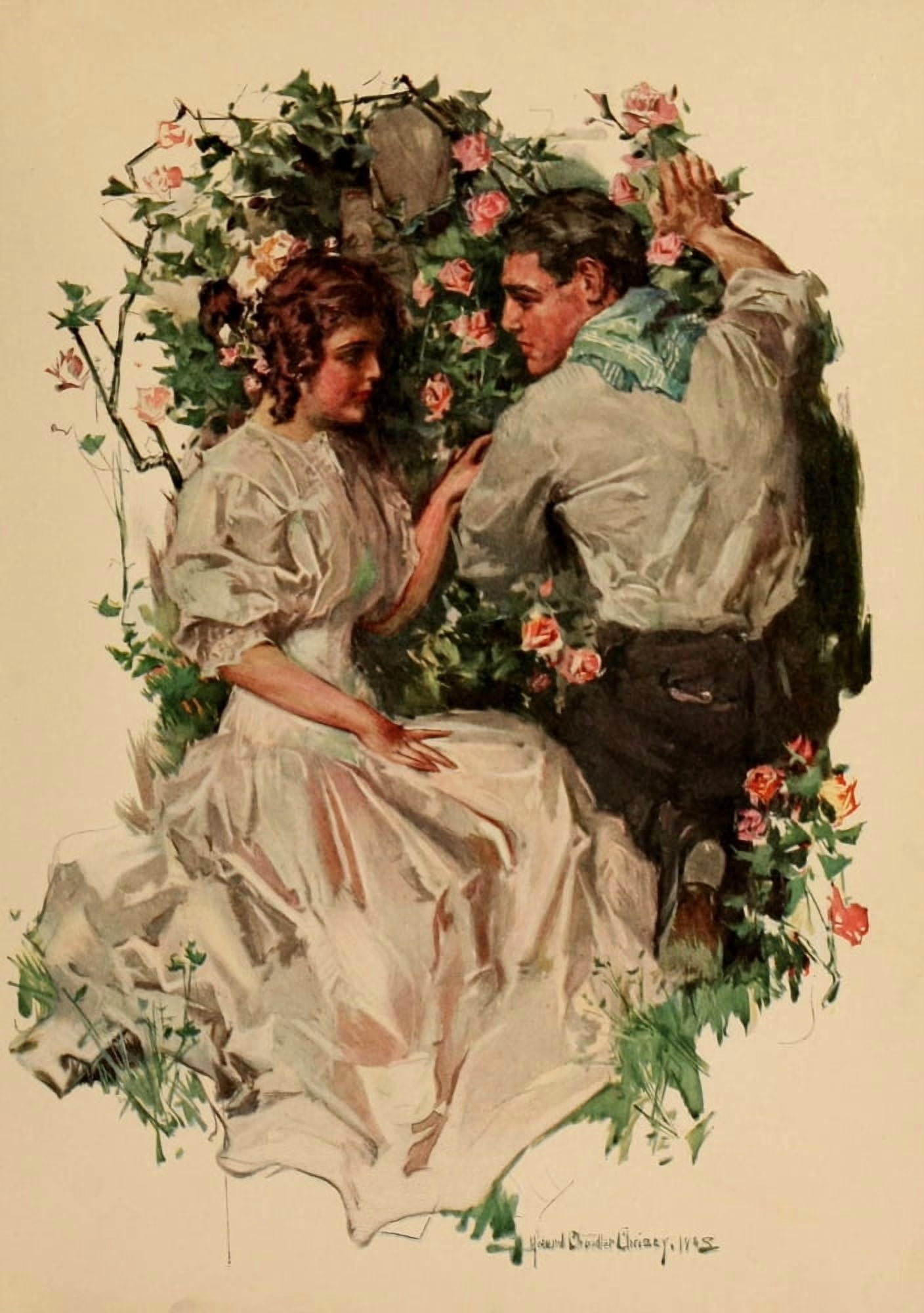 Riley Roses 1909 Young love in the garden Canvas Art - Howard Chandler Christy (18 x 24)