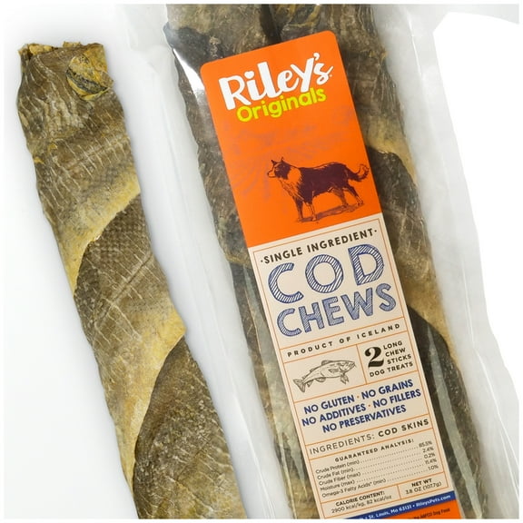 Riley's Cod Skins for Dogs - Air Dried Single Ingredient Dog Treats - Long, Hand Wrapped Cod Skin Dog Treats - Sustainably Caught in Iceland - 2 Pack 10 inch Chew Sticks