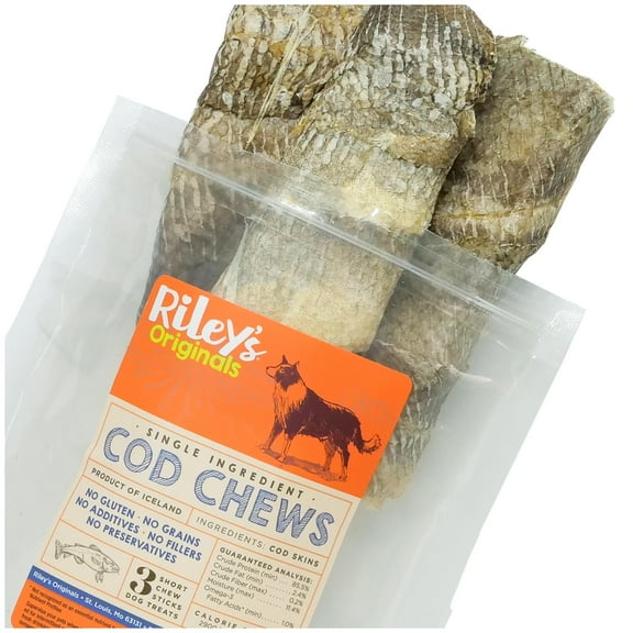 Riley's Cod Skins for Dogs - Air Dried Single Ingredient Dog Treats - Short, Hand Wrapped Cod Skin Dog Treats - Sustainably Caught in Iceland - 3 Pack 5 inch Chew Sticks