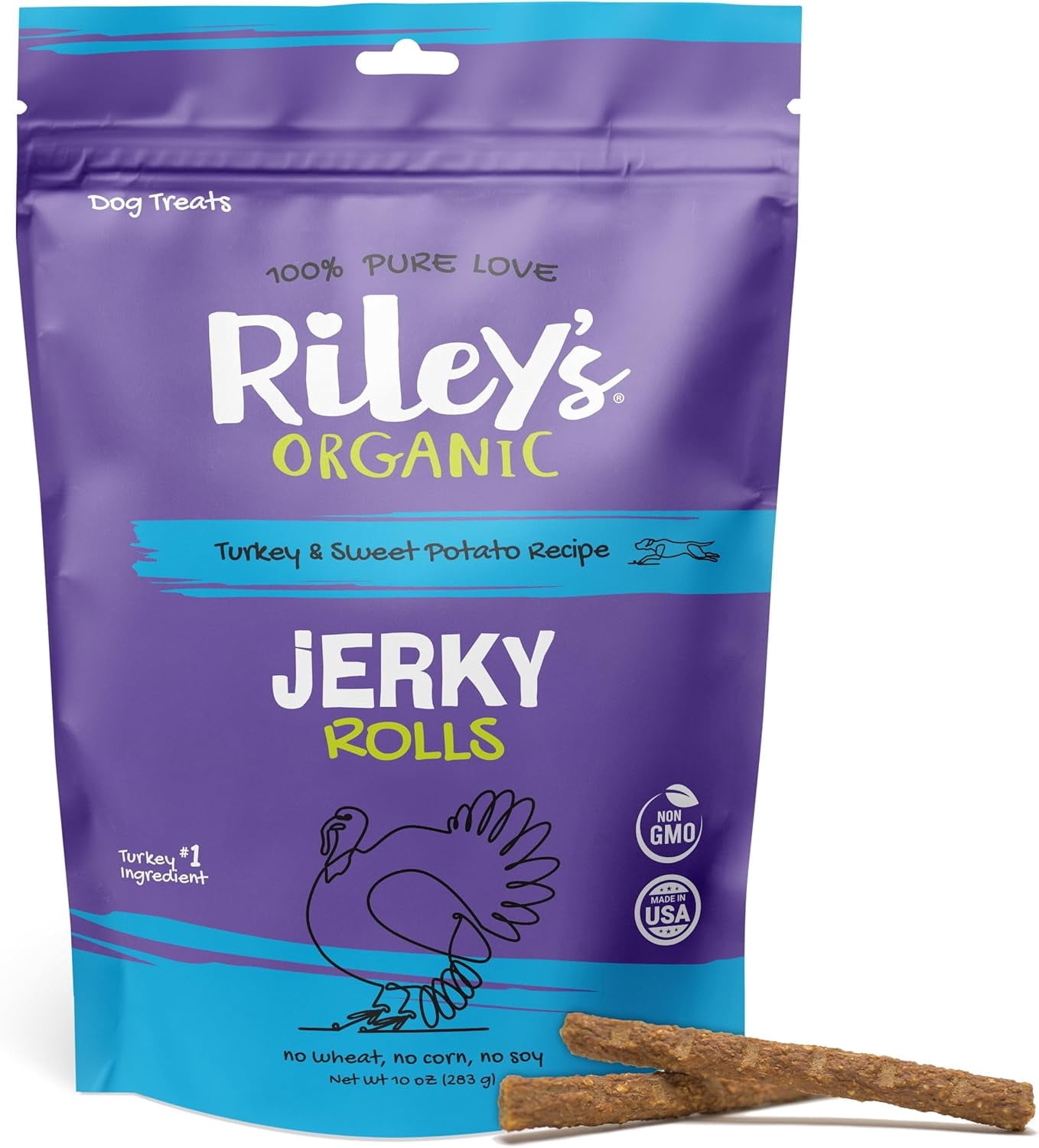 Riley's Dog Jerky Treats - Turkey & Sweet Potato - Non-GMO, High Protein, All Natural Dog Chews - Training Treats for Small & Large Dogs - Easy to Break into Bite-Sized Pieces - 10oz