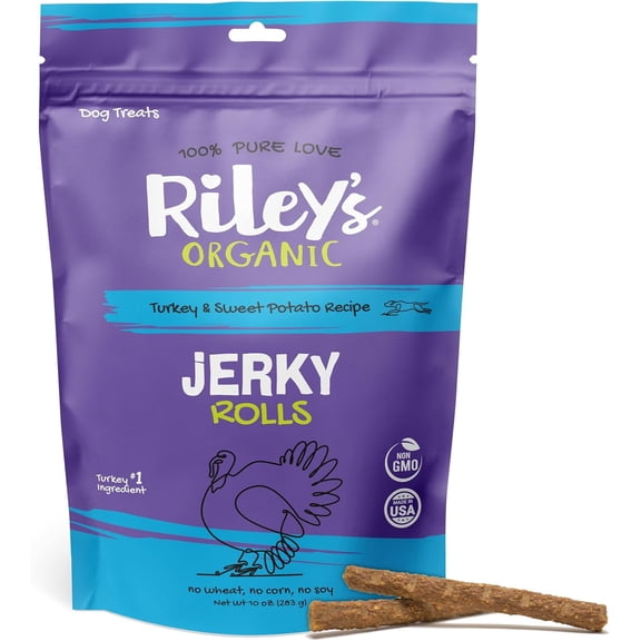 Riley's Dog Jerky Treats - Turkey & Sweet Potato - Non-GMO, High Protein, All Natural Dog Chews - Training Treats for Small & Large Dogs - Easy to Break into Bite-Sized Pieces - 10oz