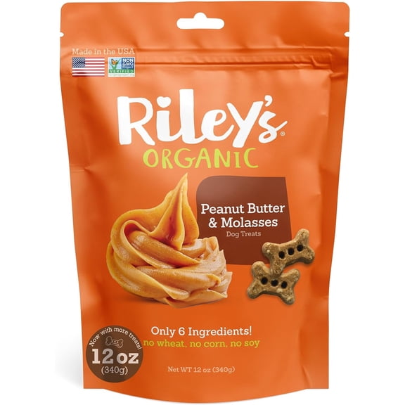 Riley's Peanut Butter Dog Biscuits - Organic & Crunchy Treats for Small Pets - Peanut Butter Dog Treats with Molasses - (12oz, Small)