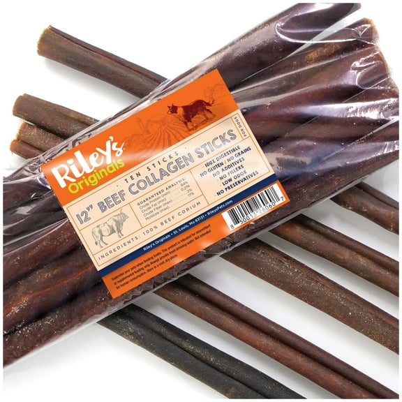 Riley's Premium Collagen Beef Bully Sticks for Dogs, 12" Sticks 10 pack