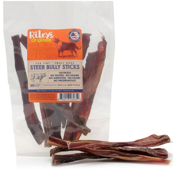 Riley's Steer Bully Sticks for Tiny to Small Dogs - Odor Free Bully Sticks for Small Dogs - Single Ingredient Dog Treat - Gluten-Free, 100% Beef Pizzle Sticks for Dogs - 4-6", 10ct