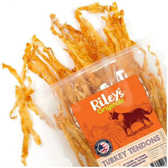 Riley's Turkey Tendons for Dogs - Dehydrated Turkey Dog Treats Made in USA - Single Ingredient Dog Treat - Turkey Tendons for Small Dogs & Large Dogs - Promotes Dog Dental Health - 8 oz