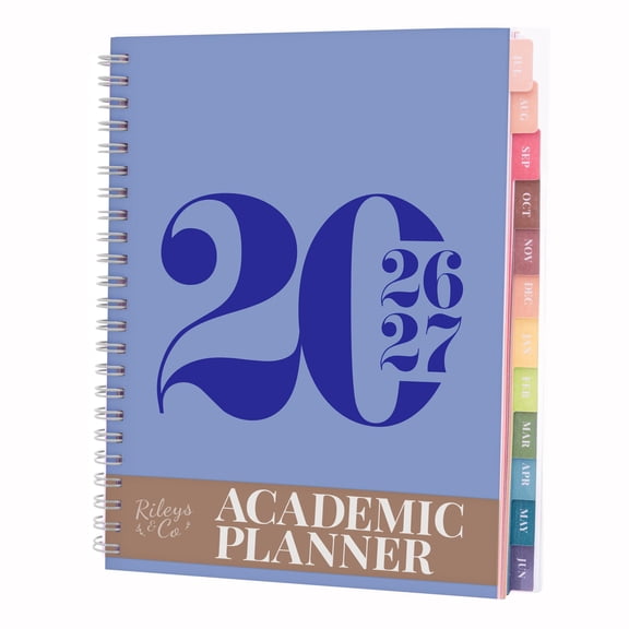Rileys Academic Planner 2026-2027, Daily, Weekly & Monthly Planner, July 2026 - June 2027, Student Notes Pages, Twin-Wire Binding, Weekly Agenda for School & Work (8 x 6-Inches, Typographic, Blue)