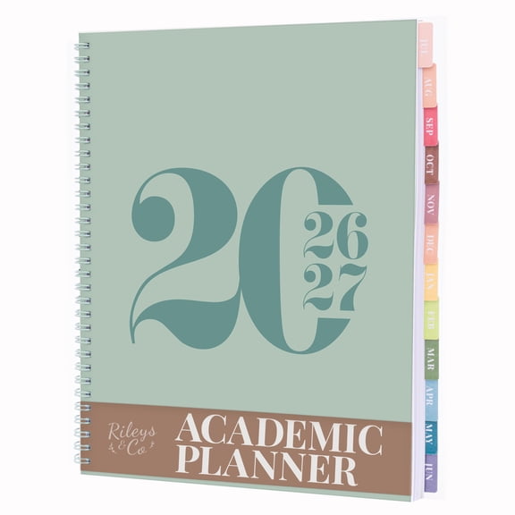 Rileys Academic Planner 2026-2027, Daily, Weekly & Monthly Planner, July 2026 - June 2027, Student Notes Pages, Twin-Wire Binding, Weekly Agenda for School & Work (8.5 x 11-In, Typographic, Green)