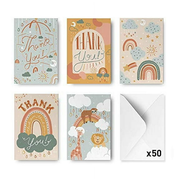 Rileys Baby Shower Thank You Cards Assortment, 50-Count | Hand-Illustrated 5 Designs, Envelopes Included, Bulk Variety Pack (Nature)