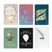 Rileys & Co Birthday Cards Assortment Premium Shiny Gold, 40-Ct, 5 Designs, Envelopes Included