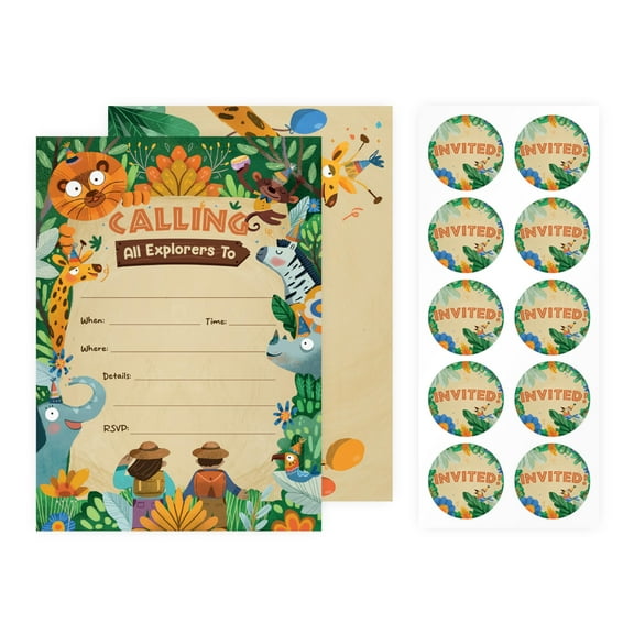 Rileys & Co. Party Invitation Cards with Envelopes and Bonus Stickers - 50 Pcs -Safari