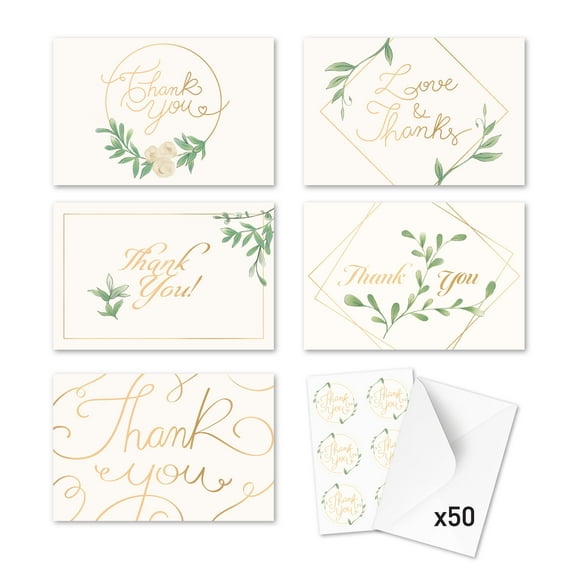 Rileys & Co Thank You Wedding Cards with Silver Foil, Wedding Thank You Cards Greenery and Gold 50 Pcs 6 in x 4 in