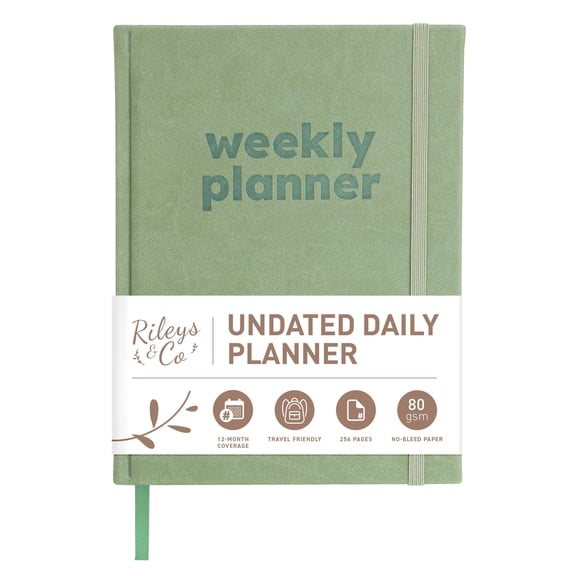 Rileys & Co Undated Daily Planner 8 x 6 in, Day Schedule Planner & Agenda Book, Journal with Goal & Habit Tracker, No Dates Dateless Annual Organizer for Work, School & Home - Green
