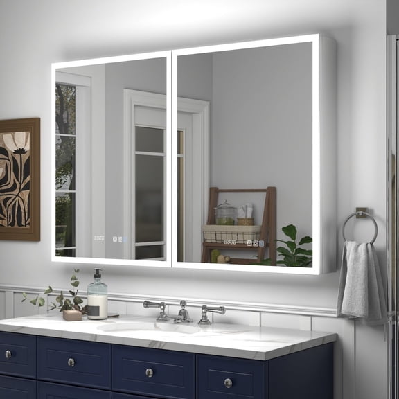 Rim 48" W x 32" H Illuminated LED Medicine Cabinet Recessed or Surface with Outlets & USBs
