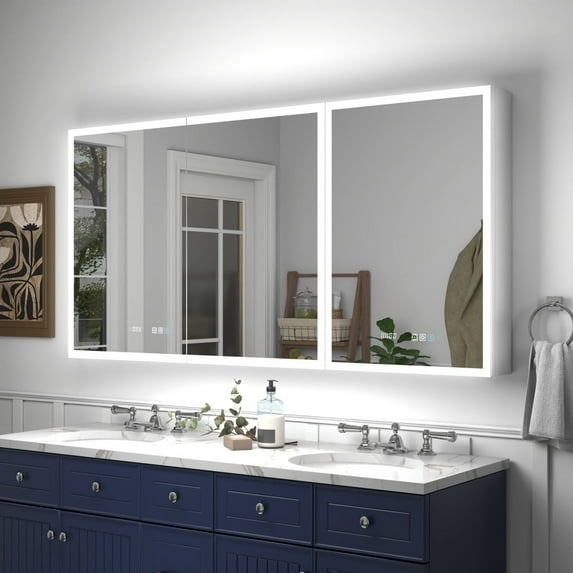 Rim 60" W x 30" H LED Lighted Medicine Cabinet Recessed or Surface with Mirrors