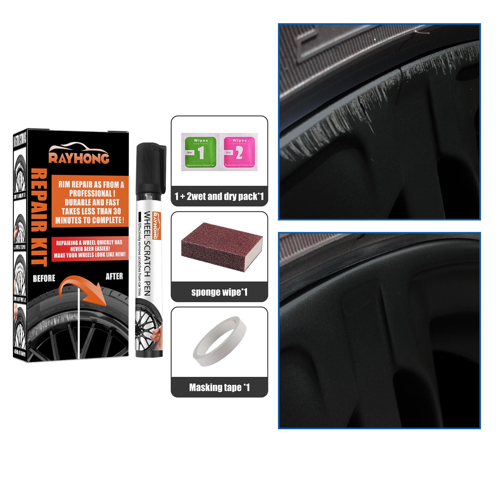 Rim Repair Kit Curb Rash,Gloss Black Rim Touch Up Paint,Wheel Scratch Repair Kit Wheel Paint Rim