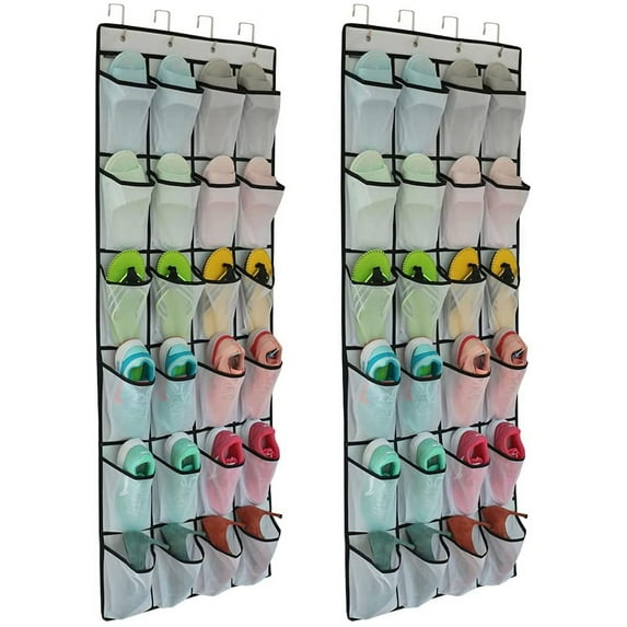 RimdGhov 2-Pack Over-the-Door Shoe Organizer - 48 Large Mesh Pockets Hanging Shoe Rack, Transparent Fabric Storage Bag for Bedroom, Pantry & Dorm (Black)