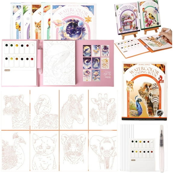 RimdGhov Creative Watercolor Kit, 3-Fold Water Color Painting Book with Embedded Paints, Portable DIY Stress-Relief Watercolor Kit for Beginners and Adults