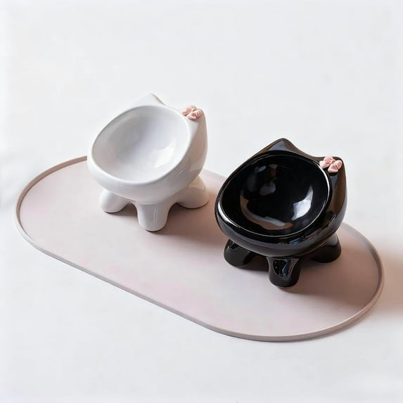 RimdGhov Cute Cat Food & Water Bowl Set - 2-Piece Handmade Ceramic Elevated Bowls, Pet Supplies (Beige + Purple)