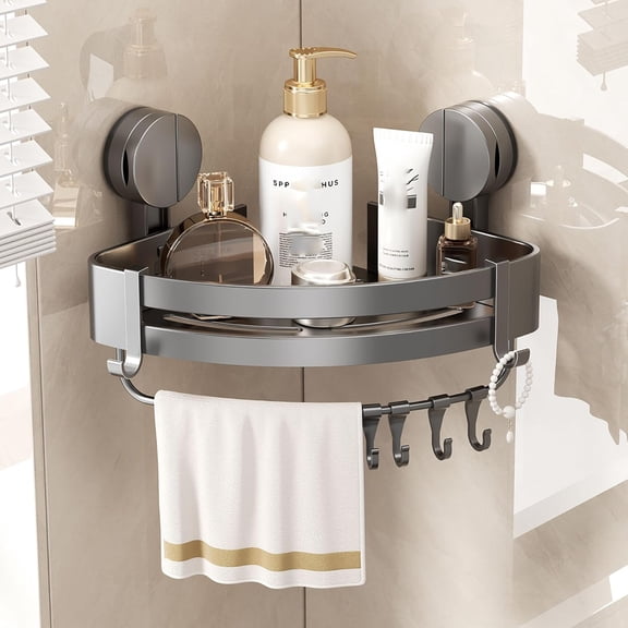 RimdGhov No Drilling Shower Corner Caddy with Hooks, Rust-Proof Stainless Steel Bathroom Shower Organizer, Wall Mounted Removable Shower Shelf Basket