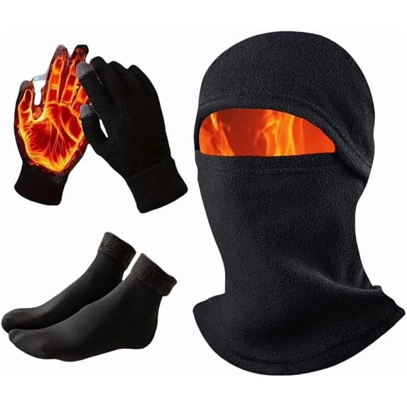 RimdGhov Ski Mask and Gloves Set, 3-in-1 Winter Windproof Mask with Warm Knitted Balaclava, Touchscreen Gloves & Thermal Socks, Unisex 3-Piece Warm Set for Outdoor