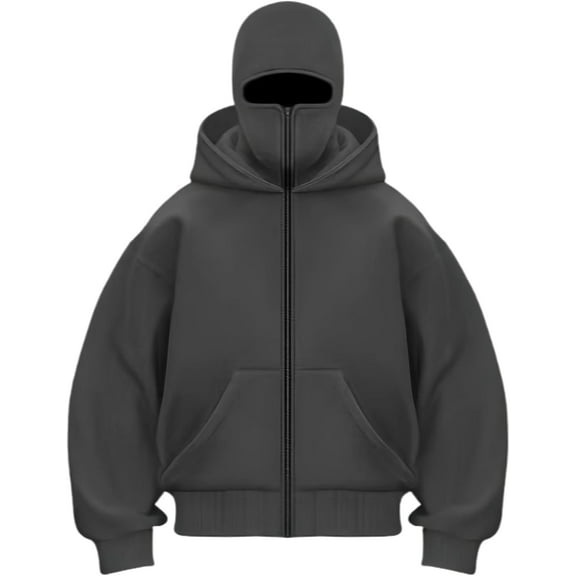 RimdGhov Unisex Balaclava Hoodie - 2-in-1 Double-Layer Zip Jacket with Built-in Ski Mask, Windproof Warm Winter Outerwear