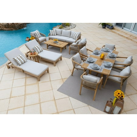 Rimini 14-Piece Teak Wood Outdoor Patio Furniture Combination Set W/Three-Seat Sofa Set, Dining Set, and Chaise Lounge Set