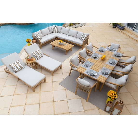 Rimini 15-Piece Teak Wood Outdoor Patio Furniture Combination Set w/Sectional Set, Dining Set, and Chaise Lounge Set